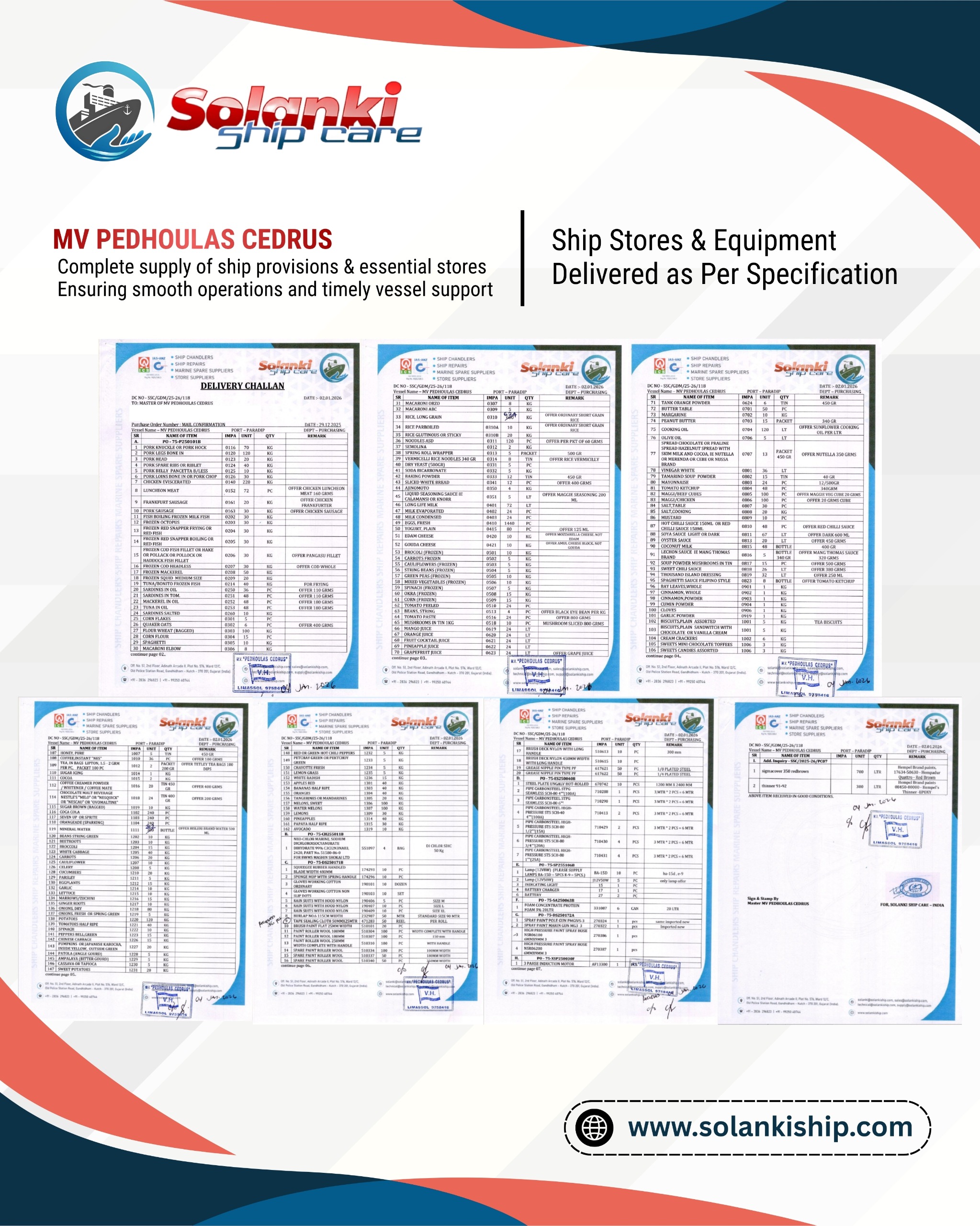 Recent Project – Solanki Ship Care  Solanki Ship Care successfully executed a large-scale supply of ship provisions and essential stores to MV PEDHOULAS CEDRUS at Paradip Port, ensuring timely delivery and uninterrupted vessel operations.